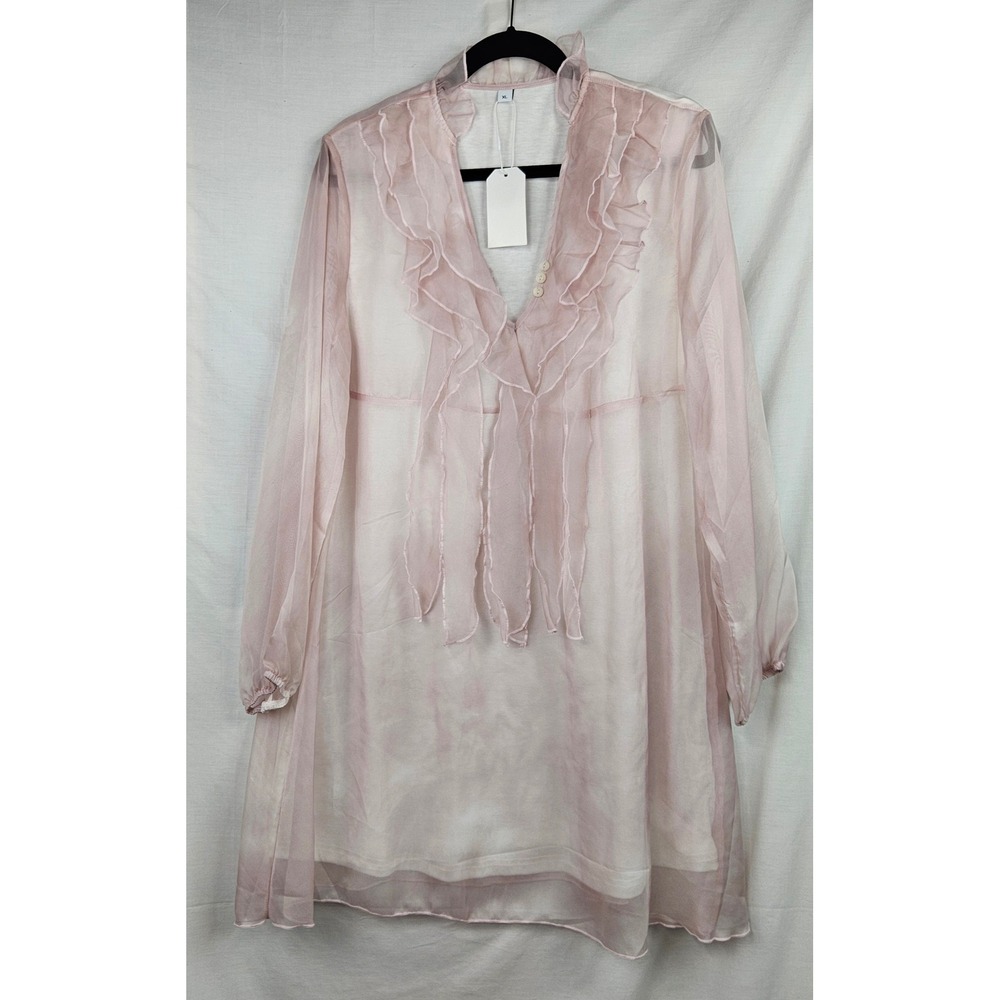 Sheer Ruffle V-Neck Long Sleeve Layered Mini‎ Dress Light Pink XL Fairy